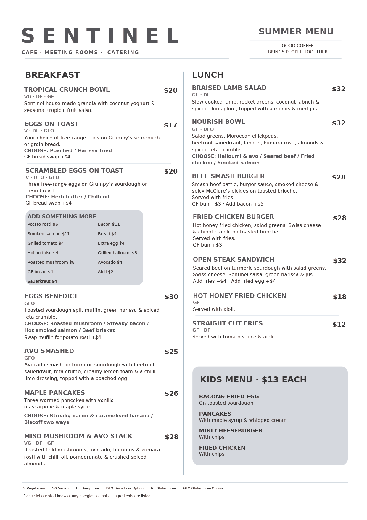 Sentinel Cafe and Meeting Rooms Summer Menu